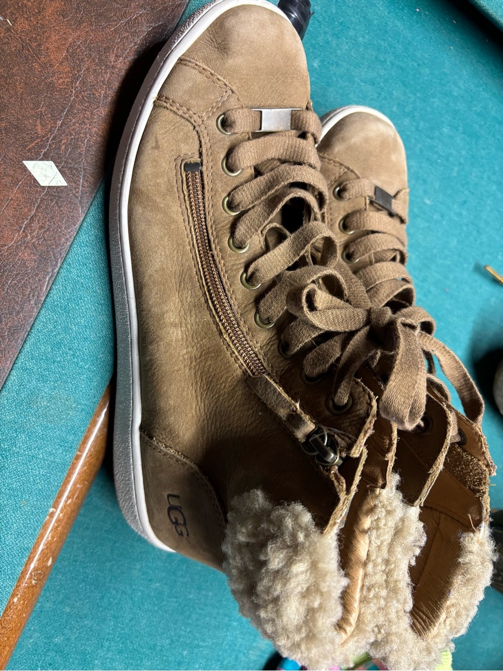 UGG Tan Suede Shearling-Trim High-Top Sneakers